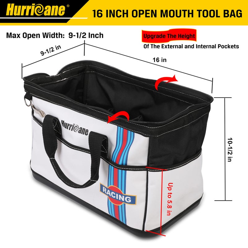 HURRICANE 16 inch Wide Mouth Tool Bag with Water Proof Molded Base with Extra Shoulder Strap, Upgrade Version, Racing theme-White, Multi Pockets, Large Inner Space - Image 2